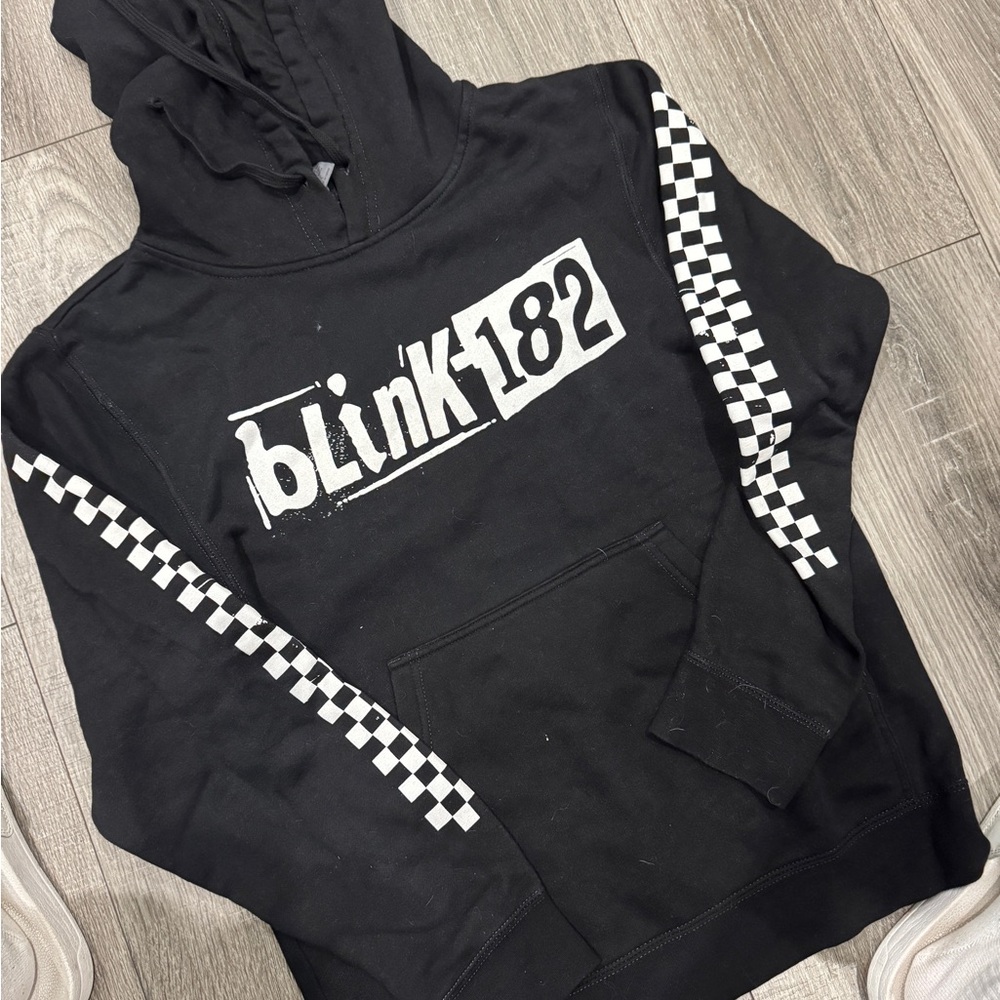 Blink-182 Black Hoodie with Checkered Sleeves